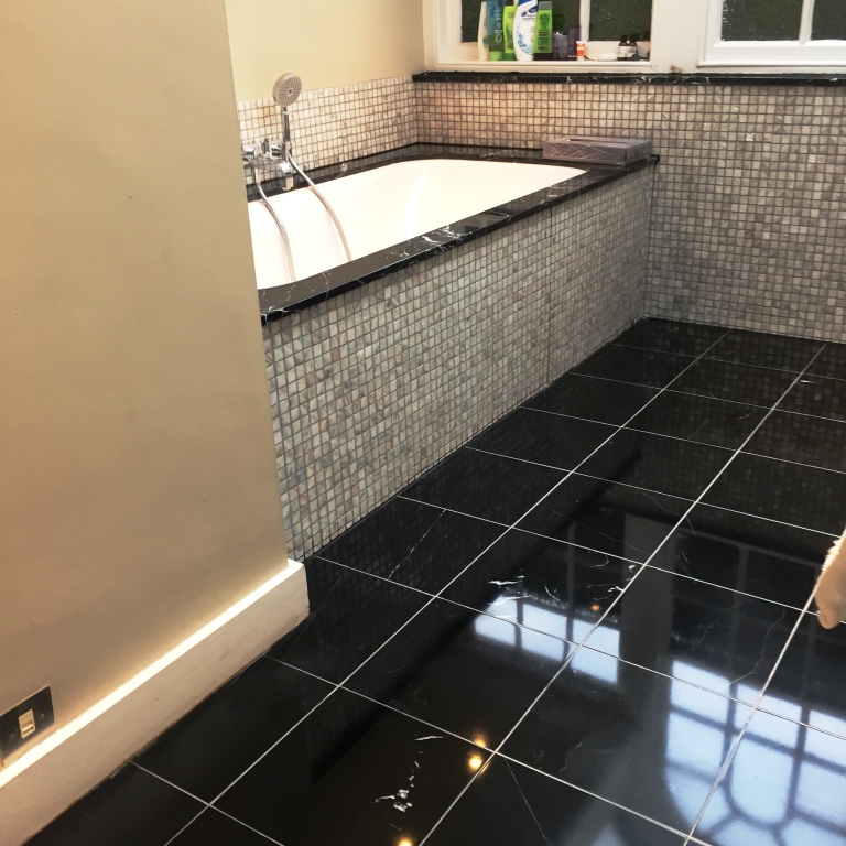 Black Polished Marble Bathroom Floor in Baldock After
