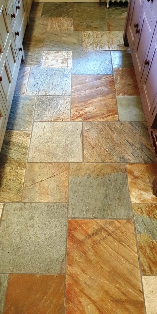Multi-Coloured Sawn Slate Kitchen Floor Datchworth After Cleaning