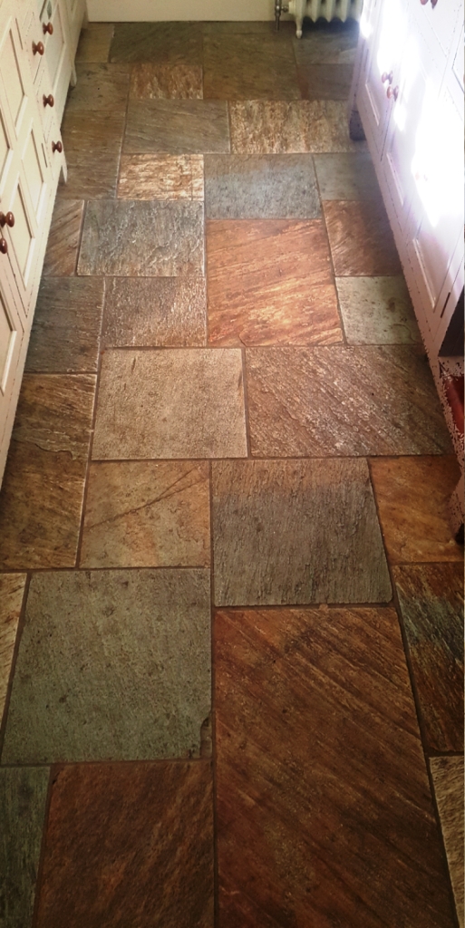 Multi-Coloured Sawn Slate Kitchen Floor Datchworth Before Cleaning