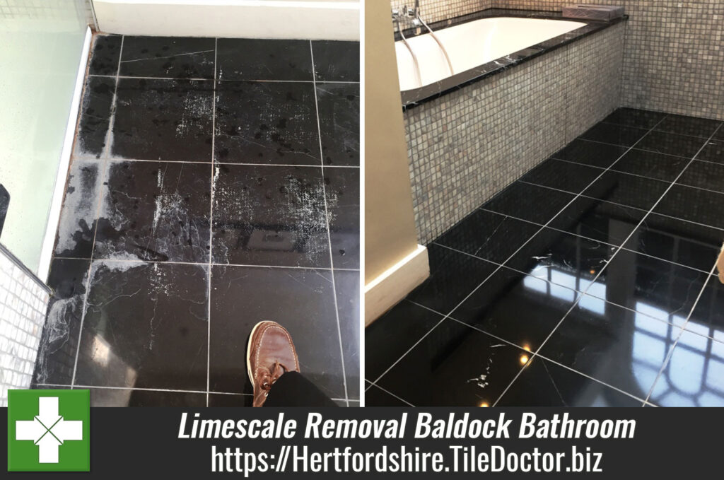 Removing Limescale from Polished Black Marble floor tiles in a Baldock Bathroom