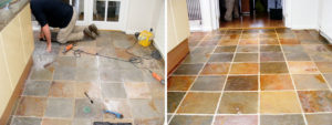 Before and After Slate floor restoration with new grout