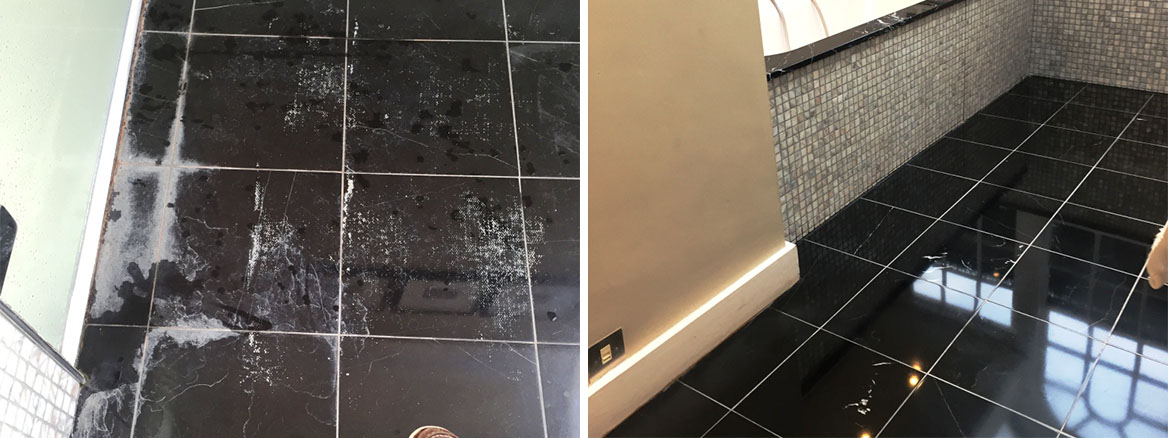 Removing Limescale from Polished Black Marble floor tiles in a Baldock Bathroom