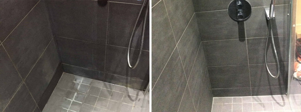 Stained Black Porcelain Shower Tile Cheshunt Before and After Cleaning