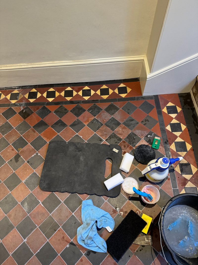 Quarry Tiled Edwardian Floor During Cleaning Test Hitchin